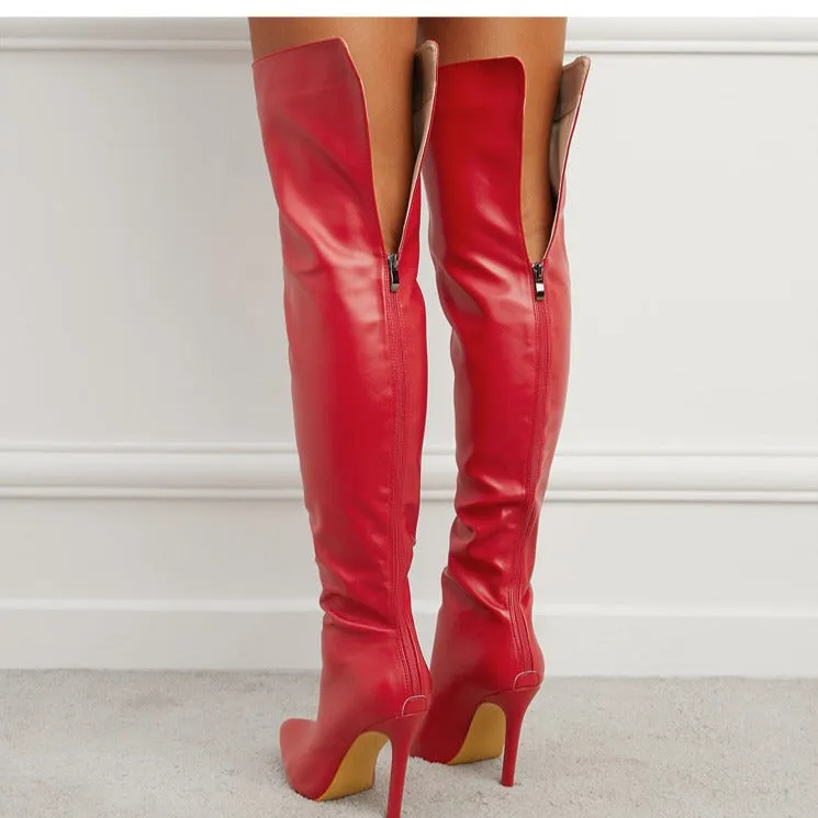 Sexy PU leather wide calf stiletto heels thigh high boots with back zipper