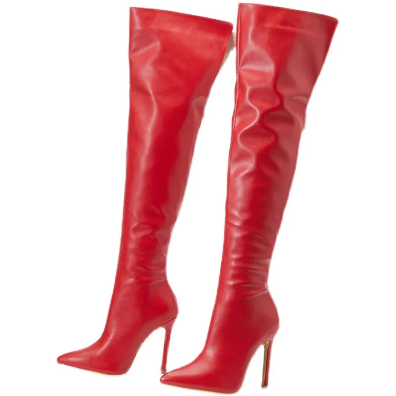 Sexy PU leather wide calf stiletto heels thigh high boots with back zipper