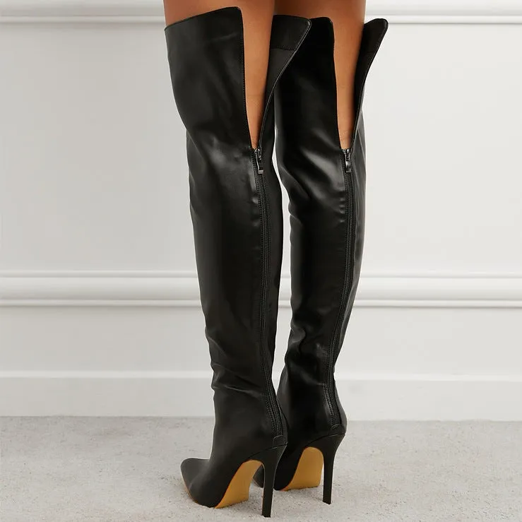 Sexy PU leather wide calf stiletto heels thigh high boots with back zipper