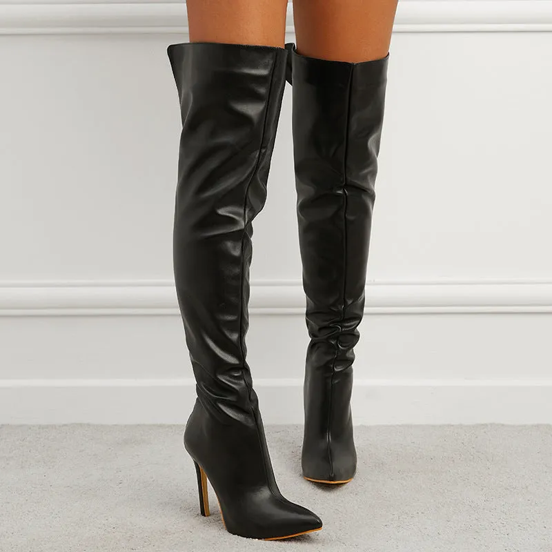Sexy PU leather wide calf stiletto heels thigh high boots with back zipper