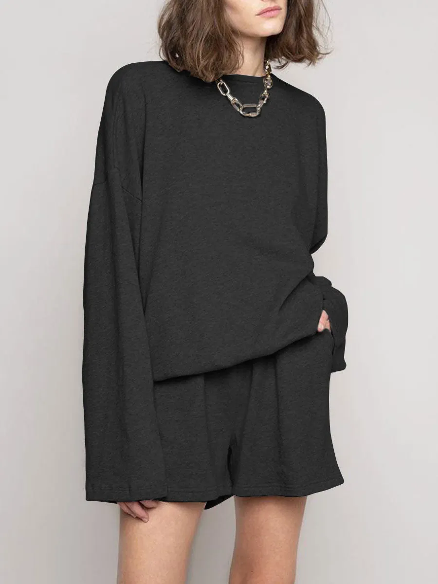 Solid Color Comfortable Long Sleeve Shorts Suit