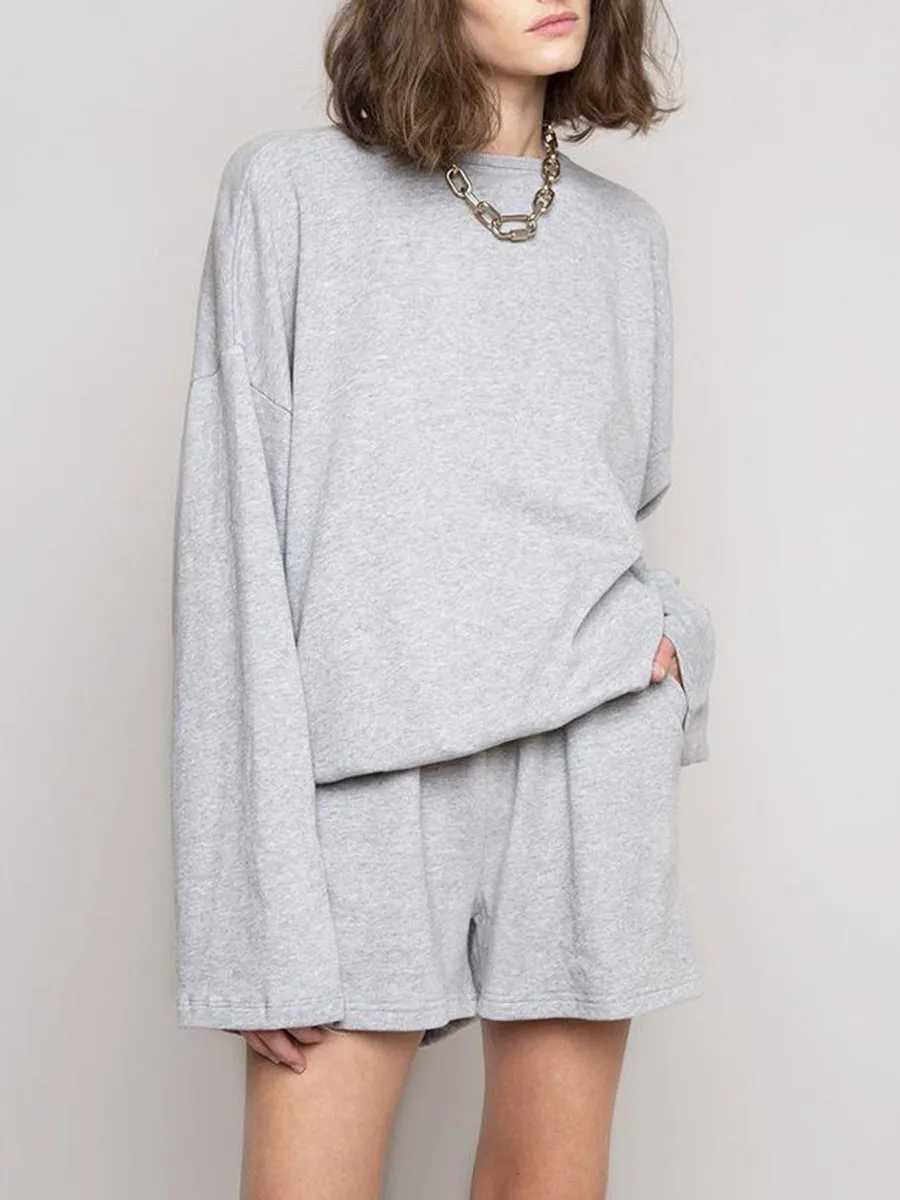 Solid Color Comfortable Long Sleeve Shorts Suit