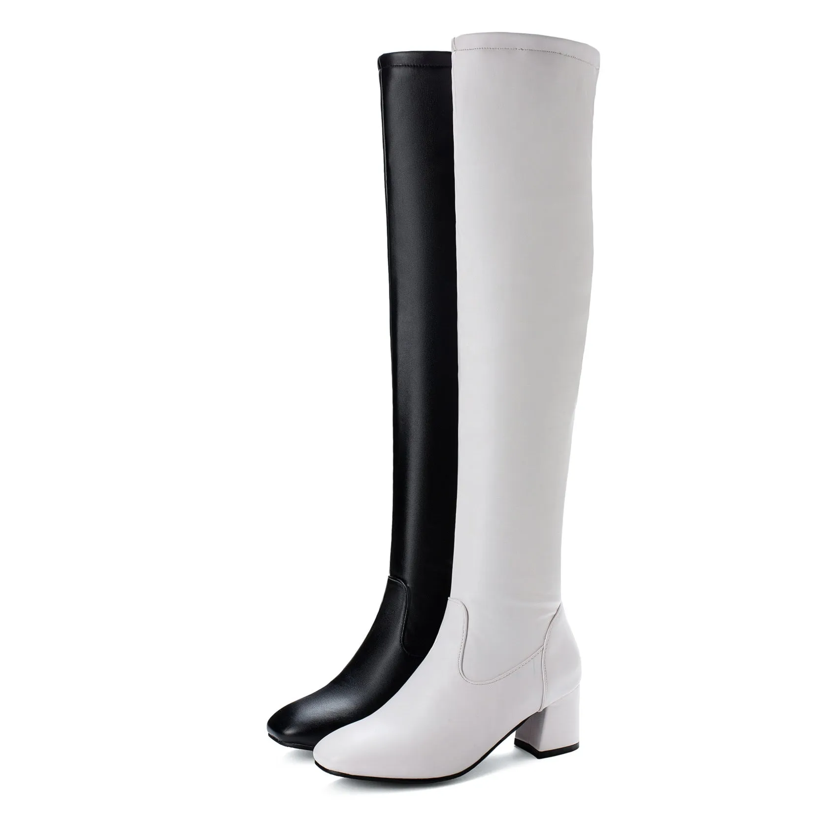 Square toe  block heels thigh high boots