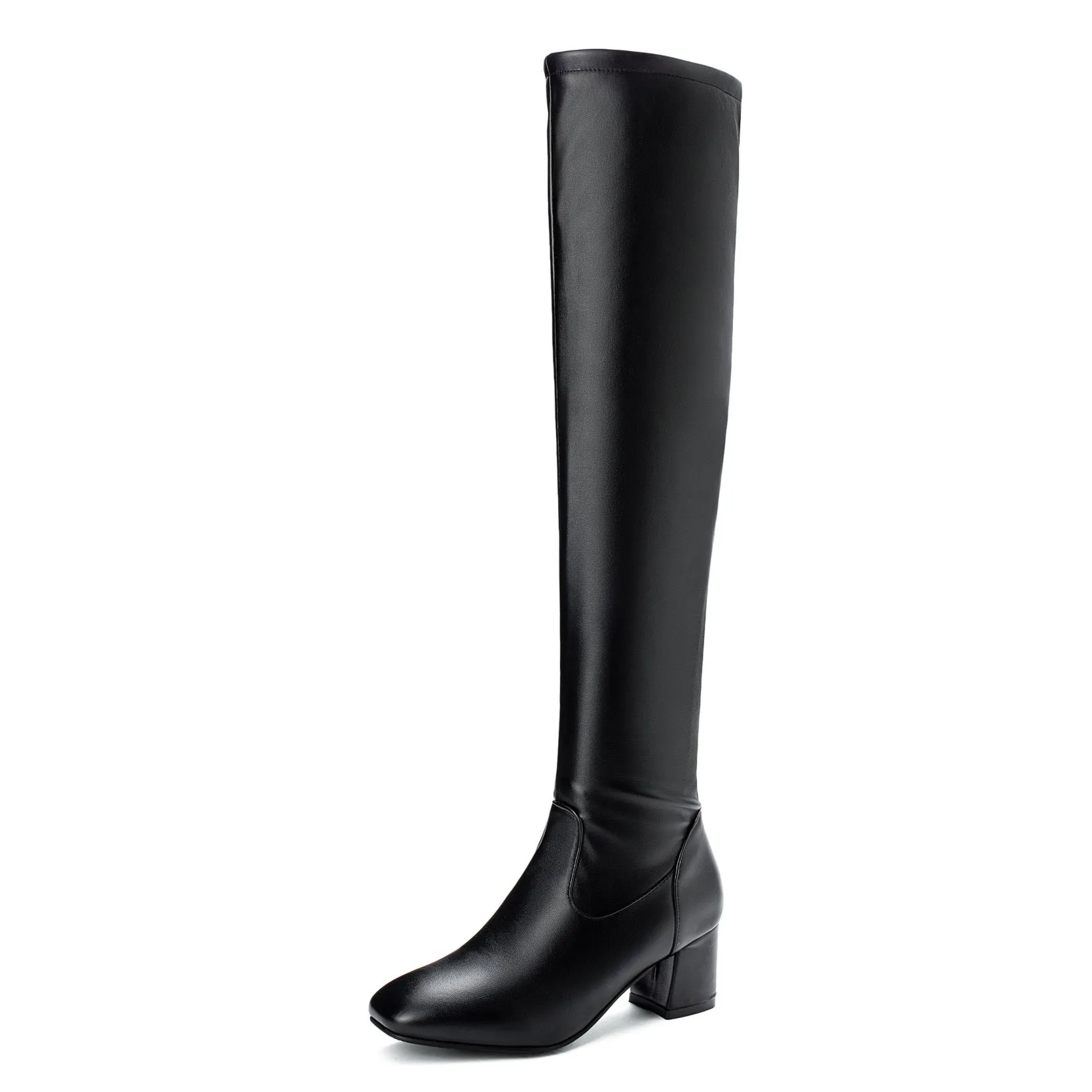 Square toe  block heels thigh high boots