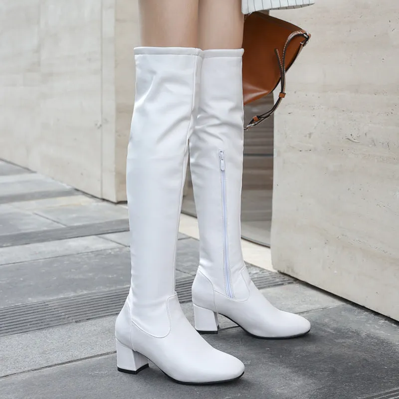 Square toe  block heels thigh high boots