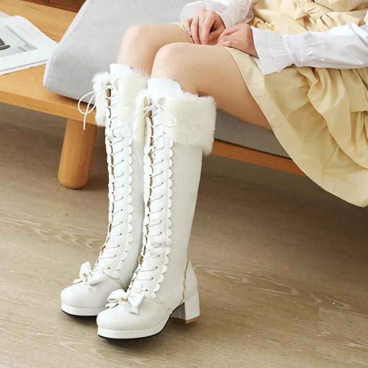 Sweet bow tie faux fur lined knee high combat boots Block heels front lace knee high costume boots