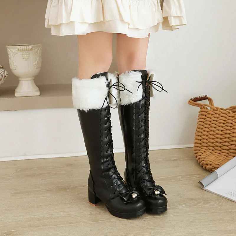Sweet bow tie faux fur lined knee high combat boots Block heels front lace knee high costume boots