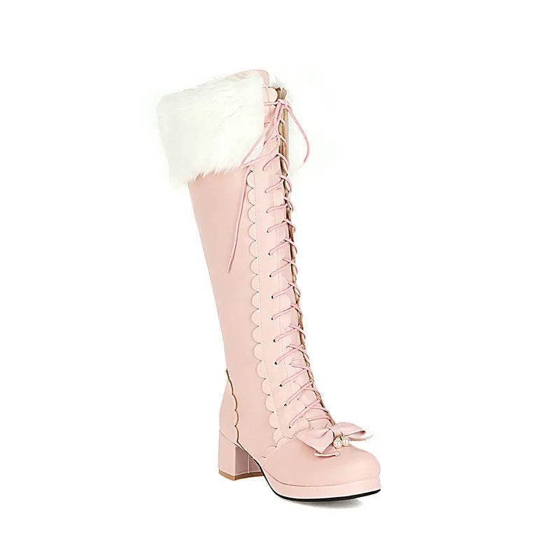 Sweet bow tie faux fur lined knee high combat boots Block heels front lace knee high costume boots