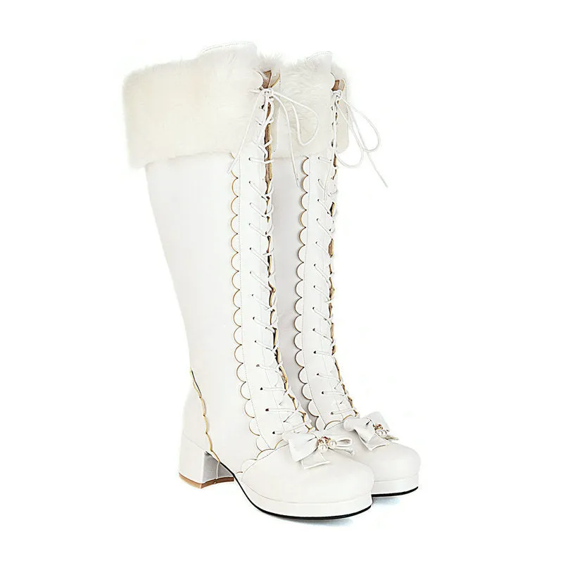 Sweet bow tie faux fur lined knee high combat boots Block heels front lace knee high costume boots