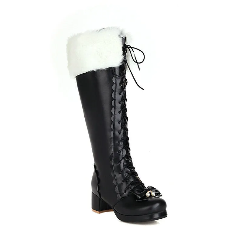 Sweet bow tie faux fur lined knee high combat boots Block heels front lace knee high costume boots
