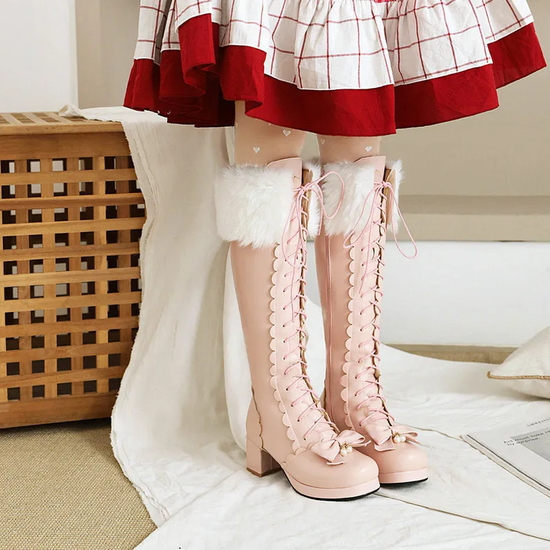 Sweet bow tie faux fur lined knee high combat boots Block heels front lace knee high costume boots
