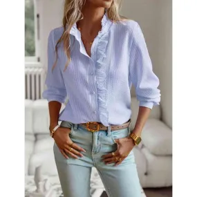 The Audrey Blue Striped Ruffle Trim Shirt