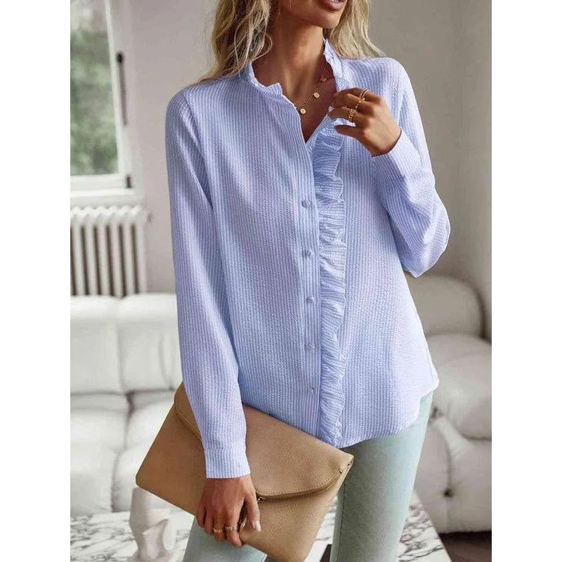 The Audrey Blue Striped Ruffle Trim Shirt