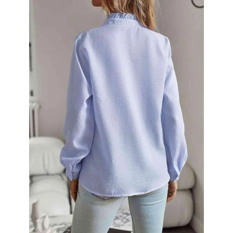The Audrey Blue Striped Ruffle Trim Shirt