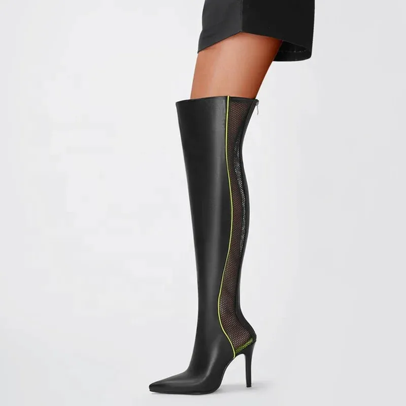 Trend4us Women's Mesh Panel Over-the-Knee Stiletto Boots