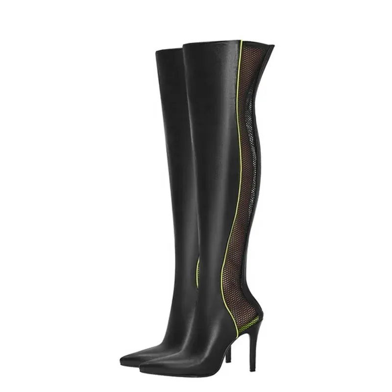 Trend4us Women's Mesh Panel Over-the-Knee Stiletto Boots