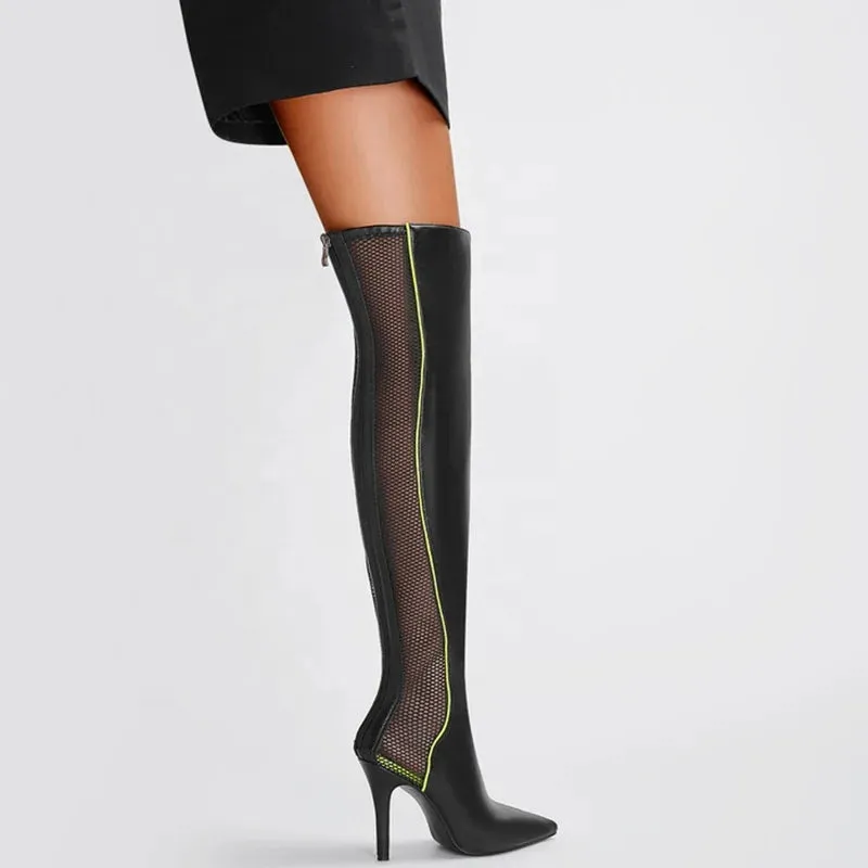 Trend4us Women's Mesh Panel Over-the-Knee Stiletto Boots