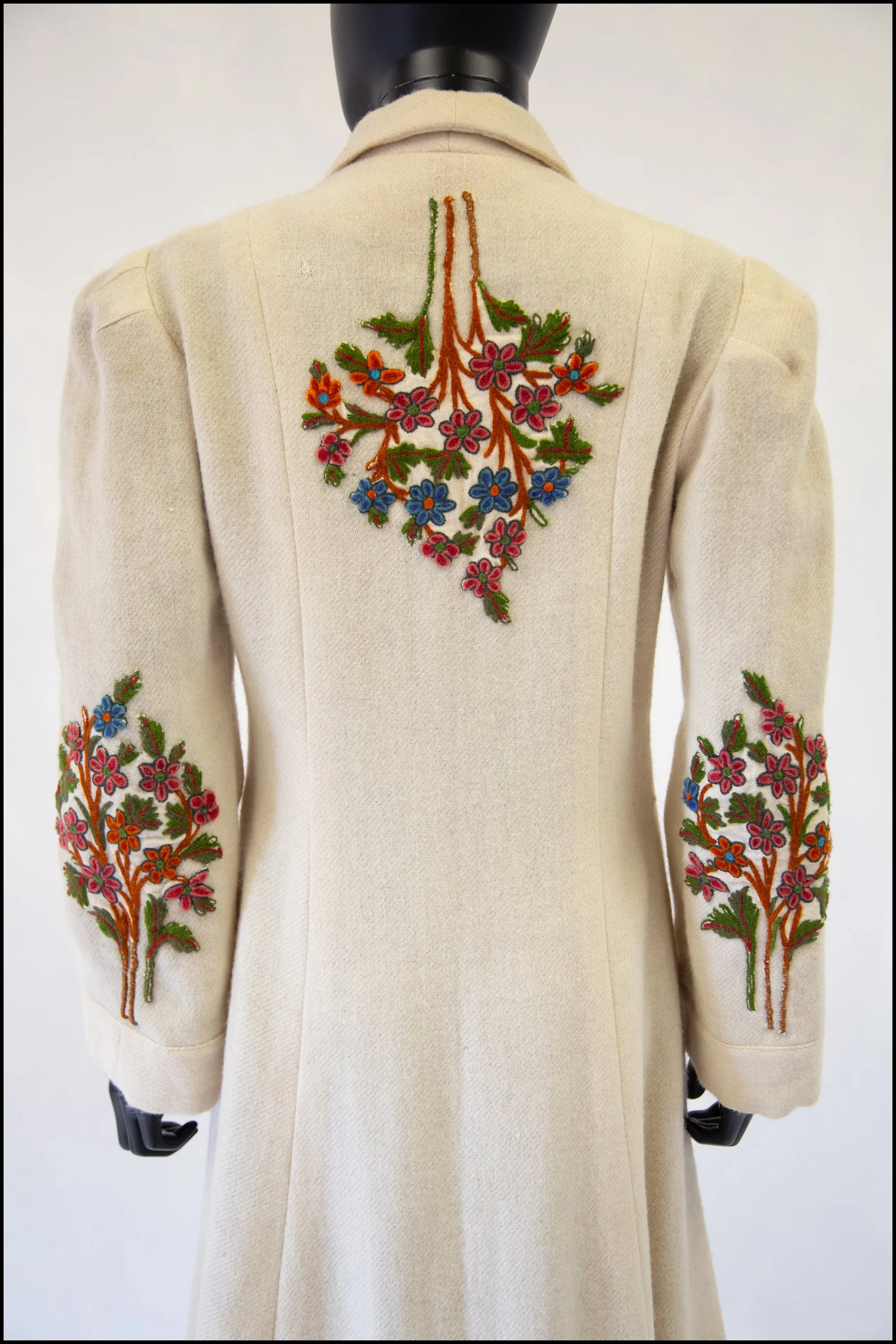 Vintage 1940s Cream Embroidered Wool Maxi Coat