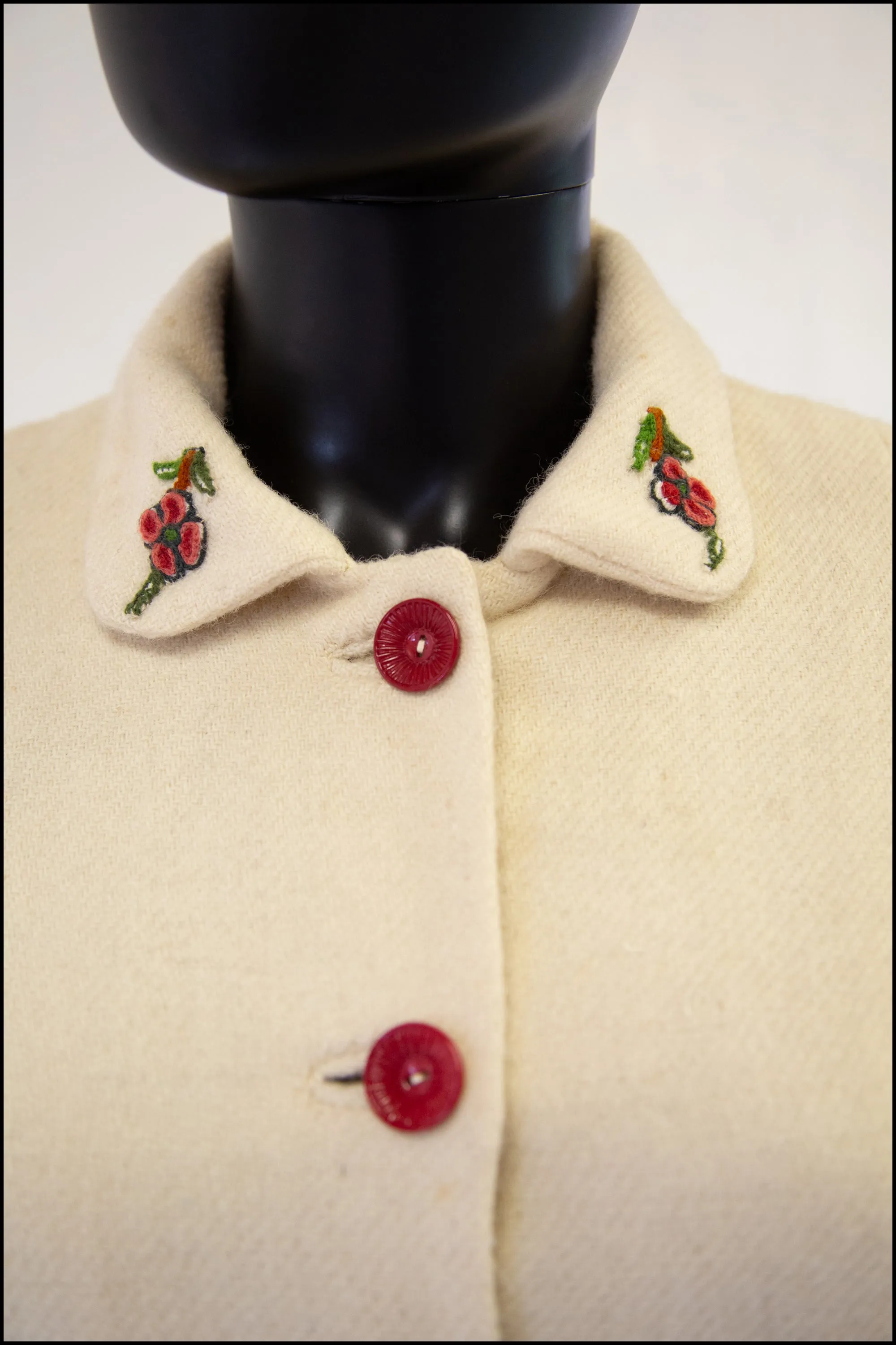 Vintage 1940s Cream Embroidered Wool Maxi Coat