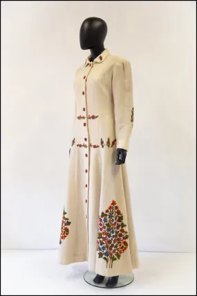 Vintage 1940s Cream Embroidered Wool Maxi Coat