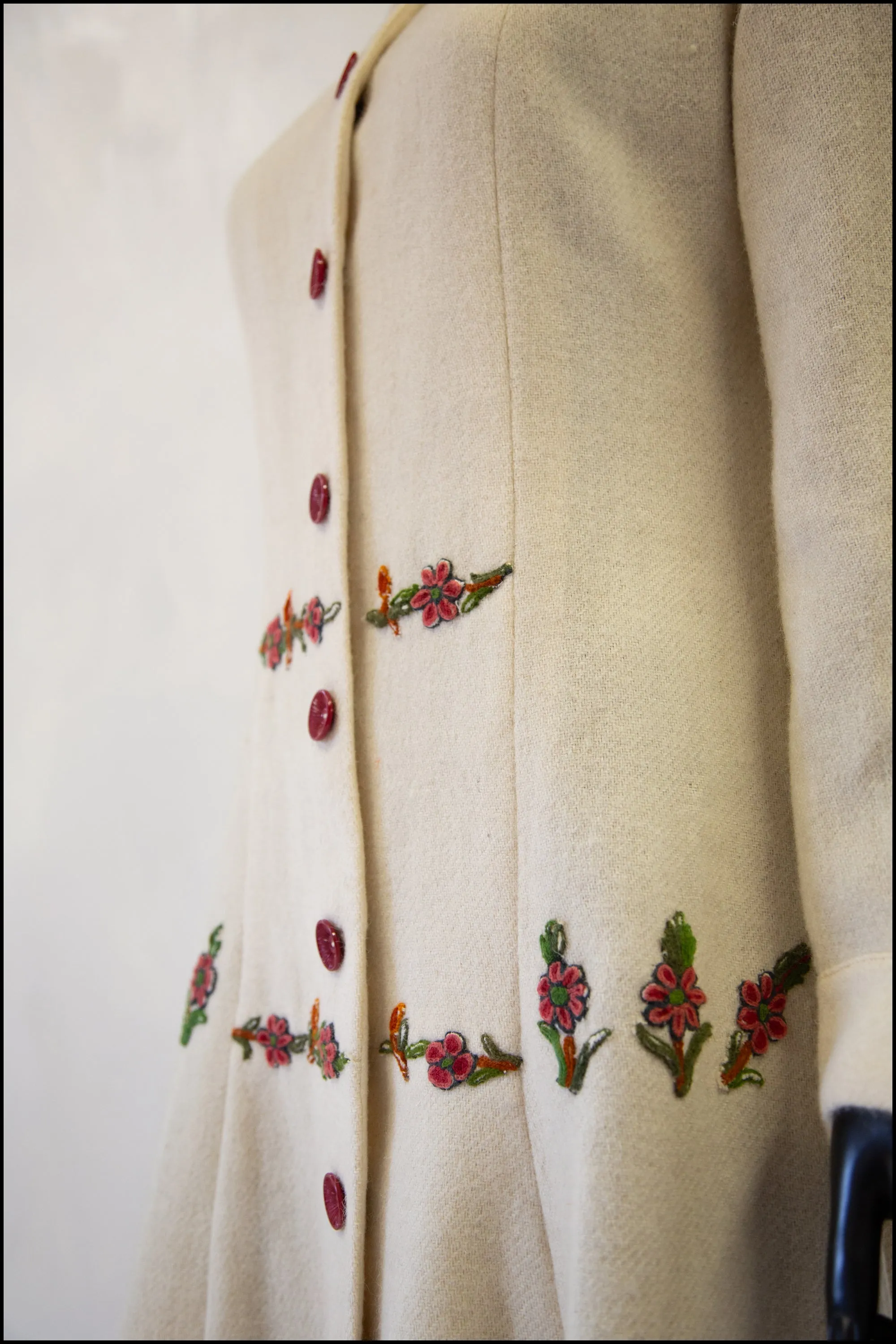 Vintage 1940s Cream Embroidered Wool Maxi Coat