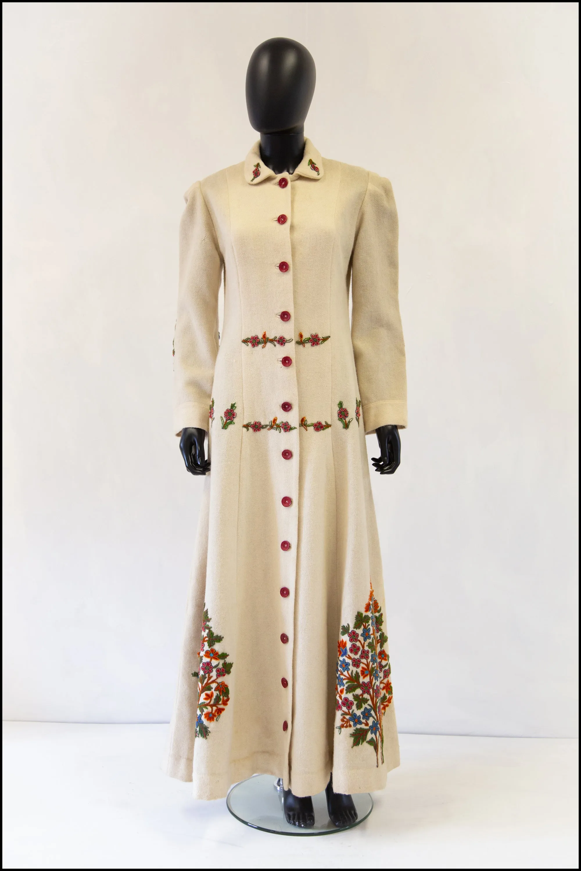 Vintage 1940s Cream Embroidered Wool Maxi Coat