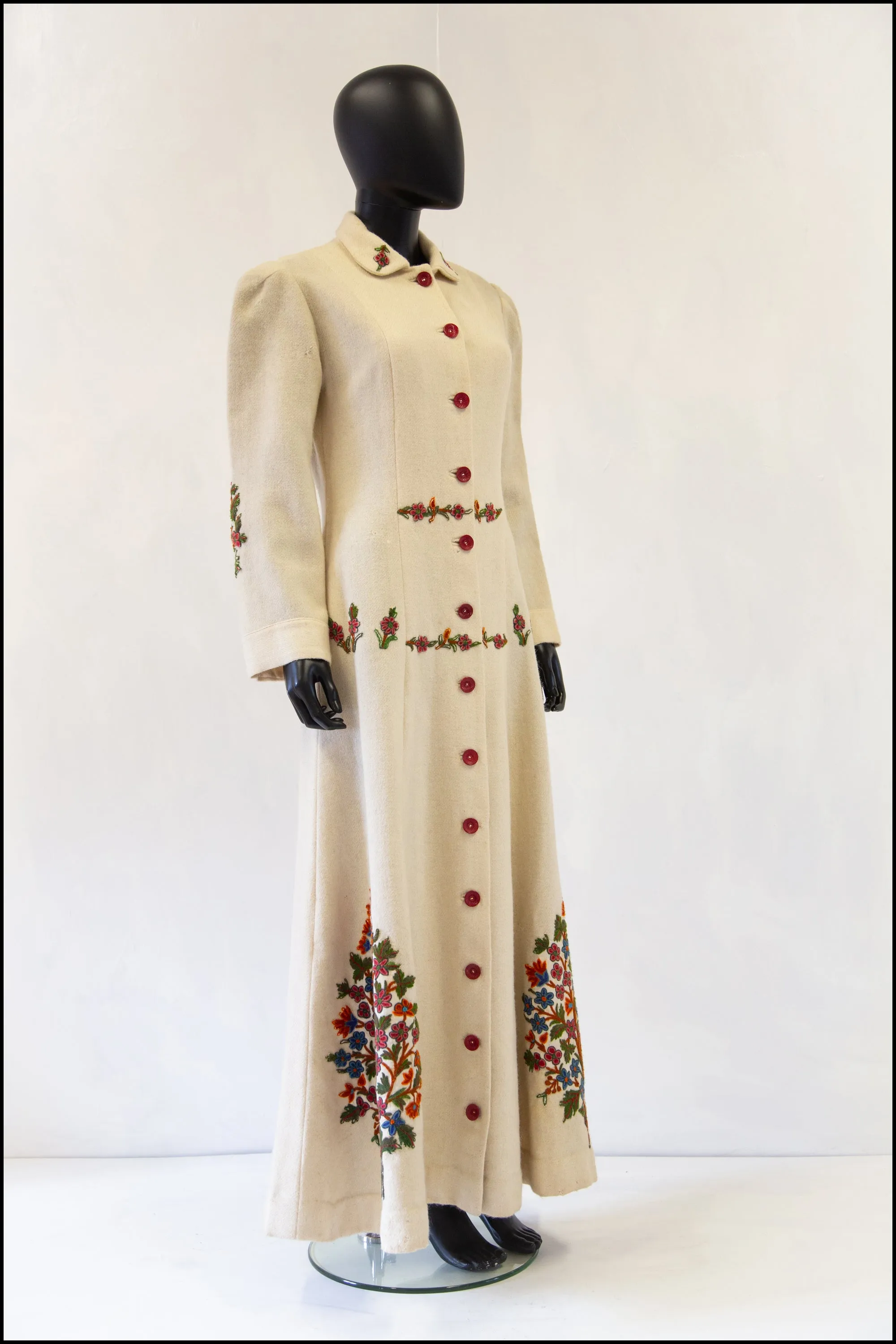 Vintage 1940s Cream Embroidered Wool Maxi Coat