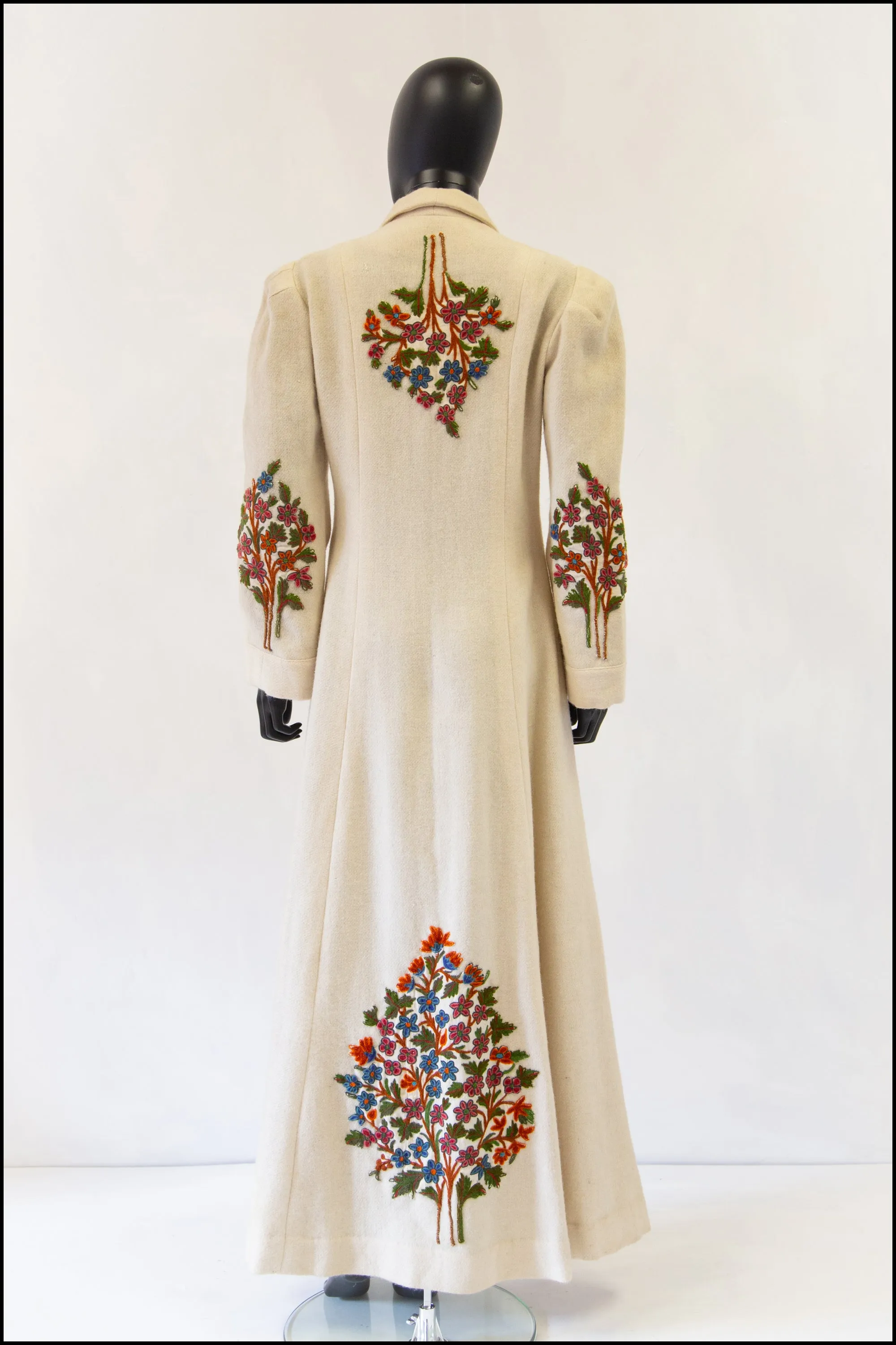 Vintage 1940s Cream Embroidered Wool Maxi Coat