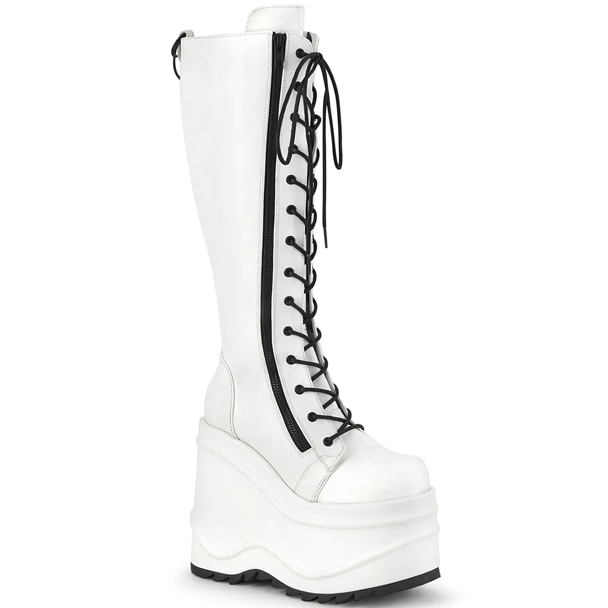 WAVE-200 DemoniaCult White Vegan Leather Sexy Women's Mid-Calf & Knee High Boots (Alternative Footwear)