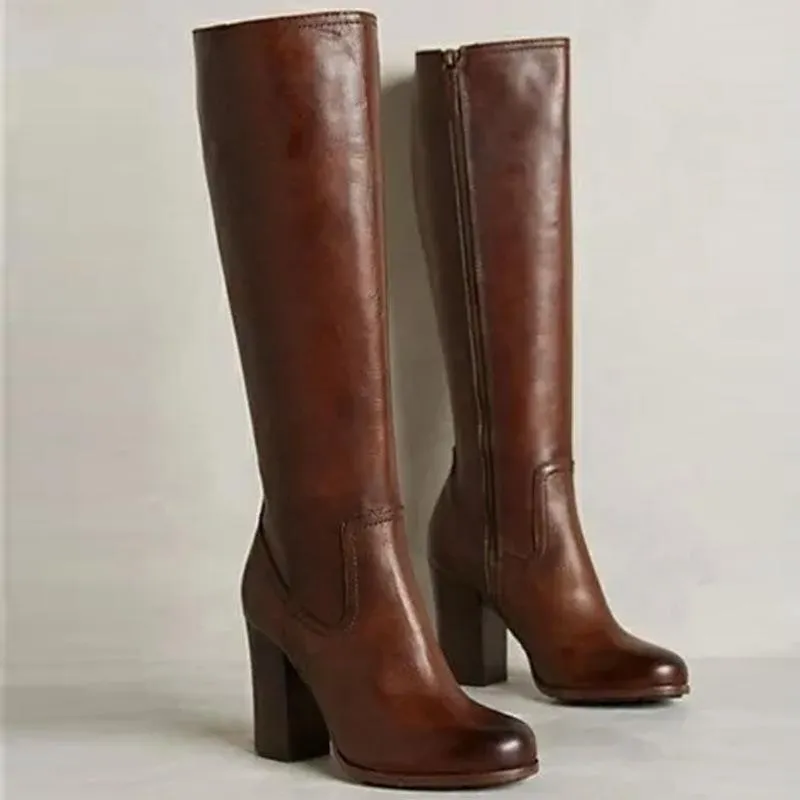 Women brown chunky block heel zipper boots
