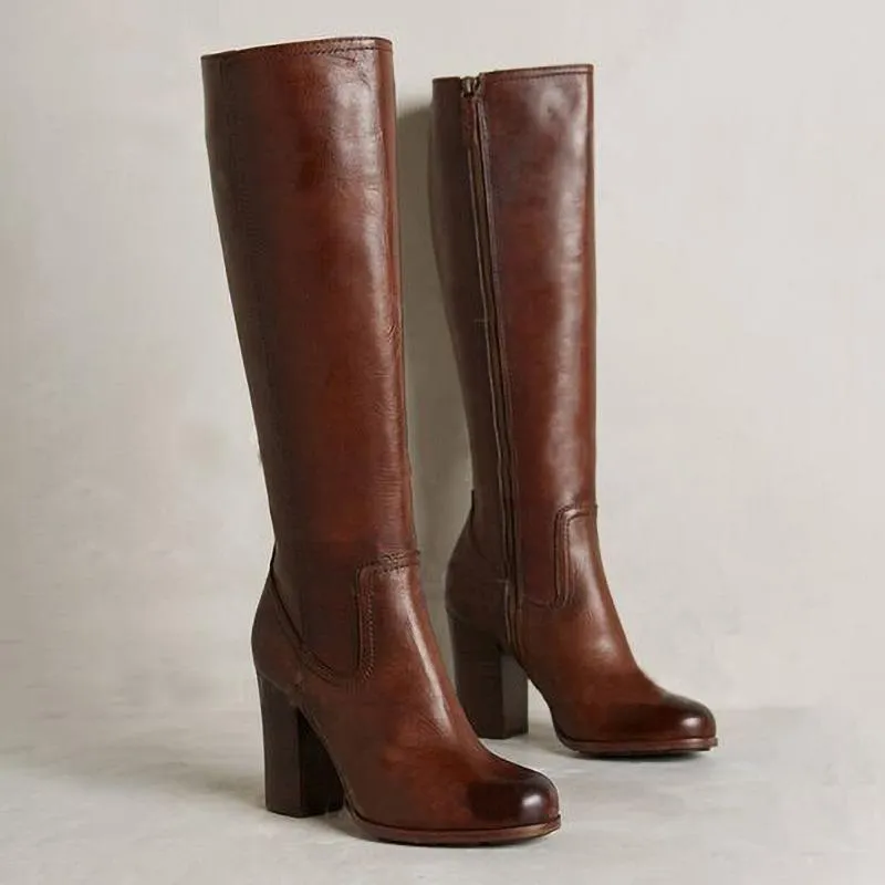 Women brown chunky block heel zipper boots