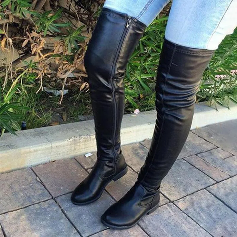 Women flat round toe zipper over the knee boots