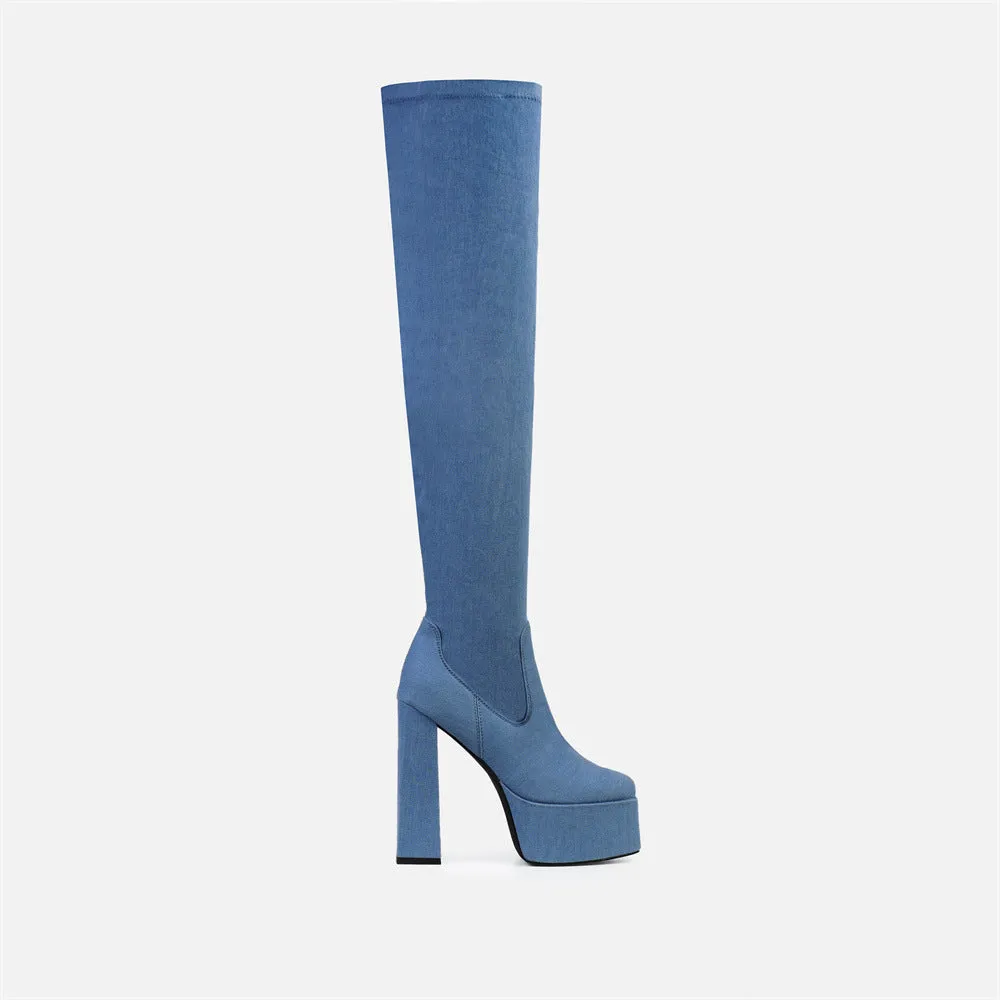 Women thigh high boots denim side zipper chunky heel platform boots square toed