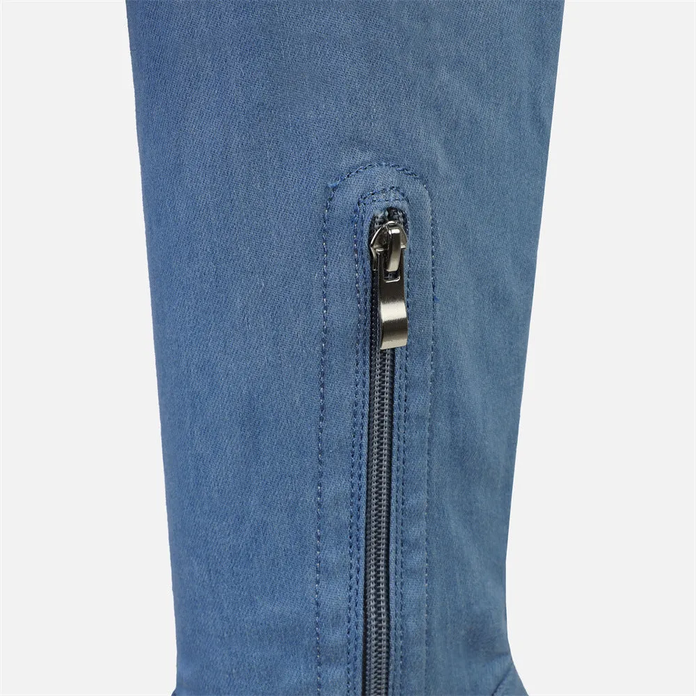 Women thigh high boots denim side zipper chunky heel platform boots square toed