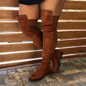 Women winter faux suede patchwork knee high low heel boots