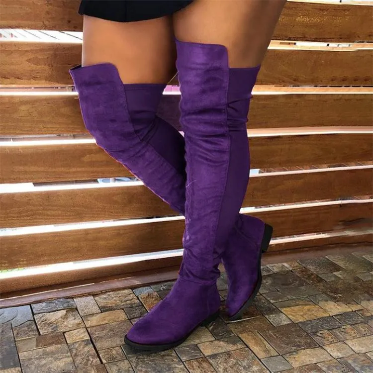 Women winter faux suede patchwork knee high low heel boots