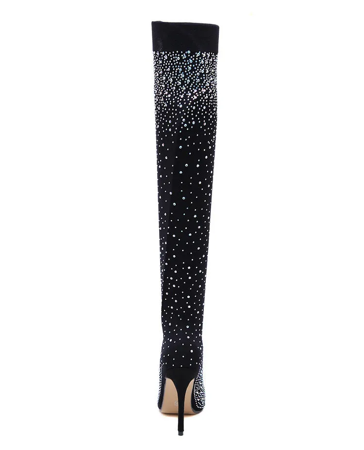 Women's crystal rhinestone thigh high sock boots stretch fabric sexy over the knee boots