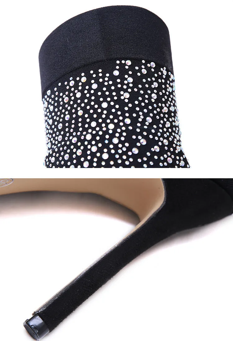 Women's crystal rhinestone thigh high sock boots stretch fabric sexy over the knee boots