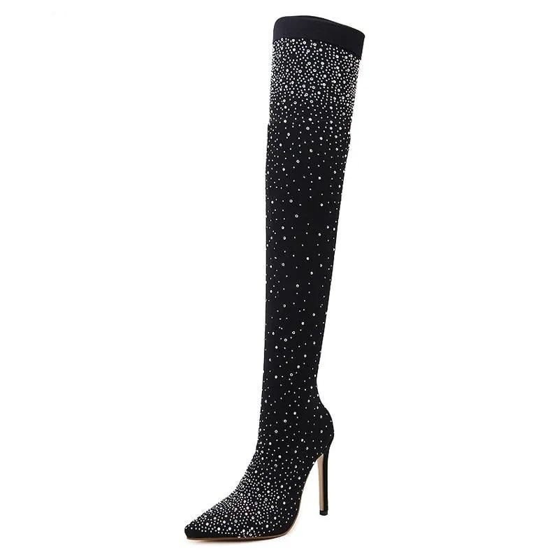 Women's crystal rhinestone thigh high sock boots stretch fabric sexy over the knee boots