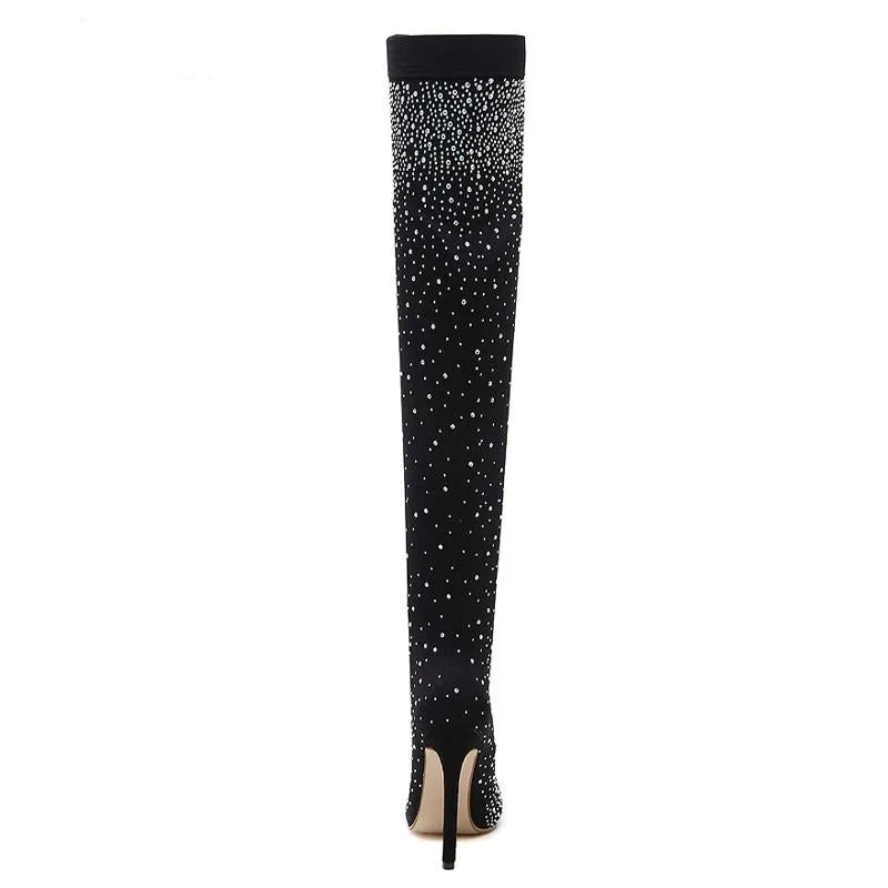 Women's crystal rhinestone thigh high sock boots stretch fabric sexy over the knee boots