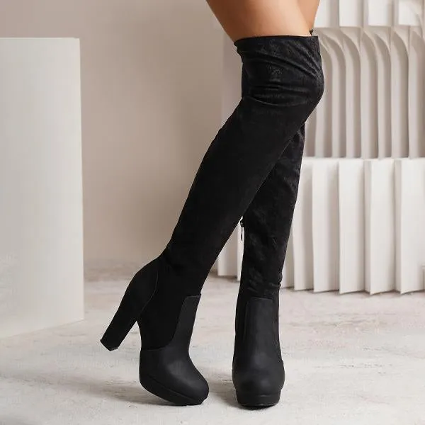 Women's Fashionable Suede Stitching Chunky Heel Over-the-Knee Boots 59295590S