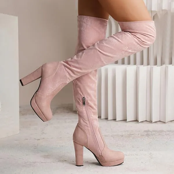 Women's Fashionable Suede Stitching Chunky Heel Over-the-Knee Boots 59295590S