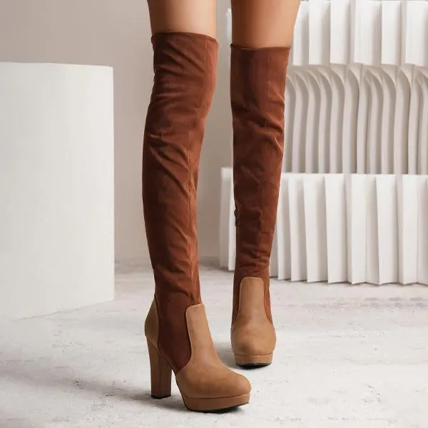 Women's Fashionable Suede Stitching Chunky Heel Over-the-Knee Boots 59295590S