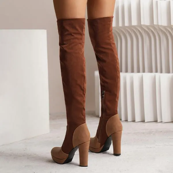 Women's Fashionable Suede Stitching Chunky Heel Over-the-Knee Boots 59295590S