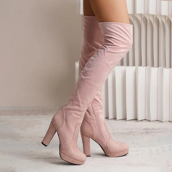 Women's Fashionable Suede Stitching Chunky Heel Over-the-Knee Boots 59295590S