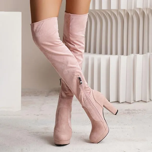 Women's Fashionable Suede Stitching Chunky Heel Over-the-Knee Boots 59295590S