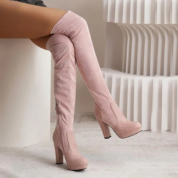 Women's Fashionable Suede Stitching Chunky Heel Over-the-Knee Boots 59295590S