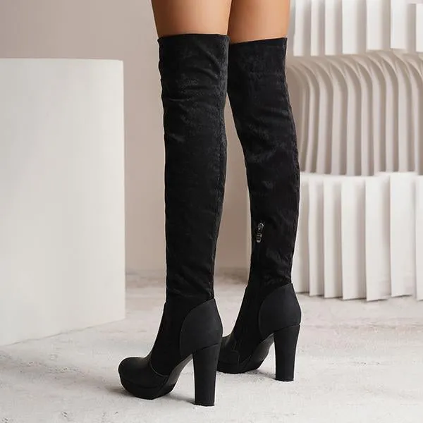 Women's Fashionable Suede Stitching Chunky Heel Over-the-Knee Boots 59295590S