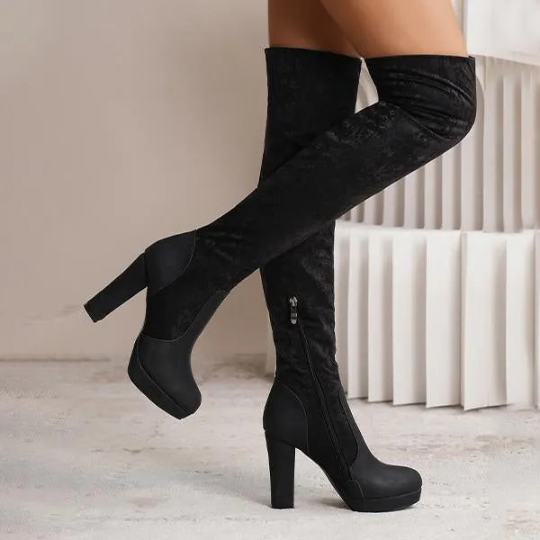 Women's Fashionable Suede Stitching Chunky Heel Over-the-Knee Boots 59295590S
