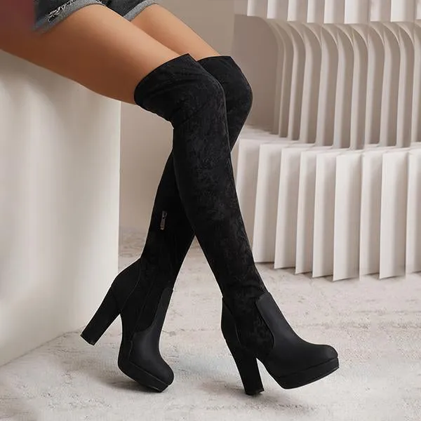 Women's Fashionable Suede Stitching Chunky Heel Over-the-Knee Boots 59295590S